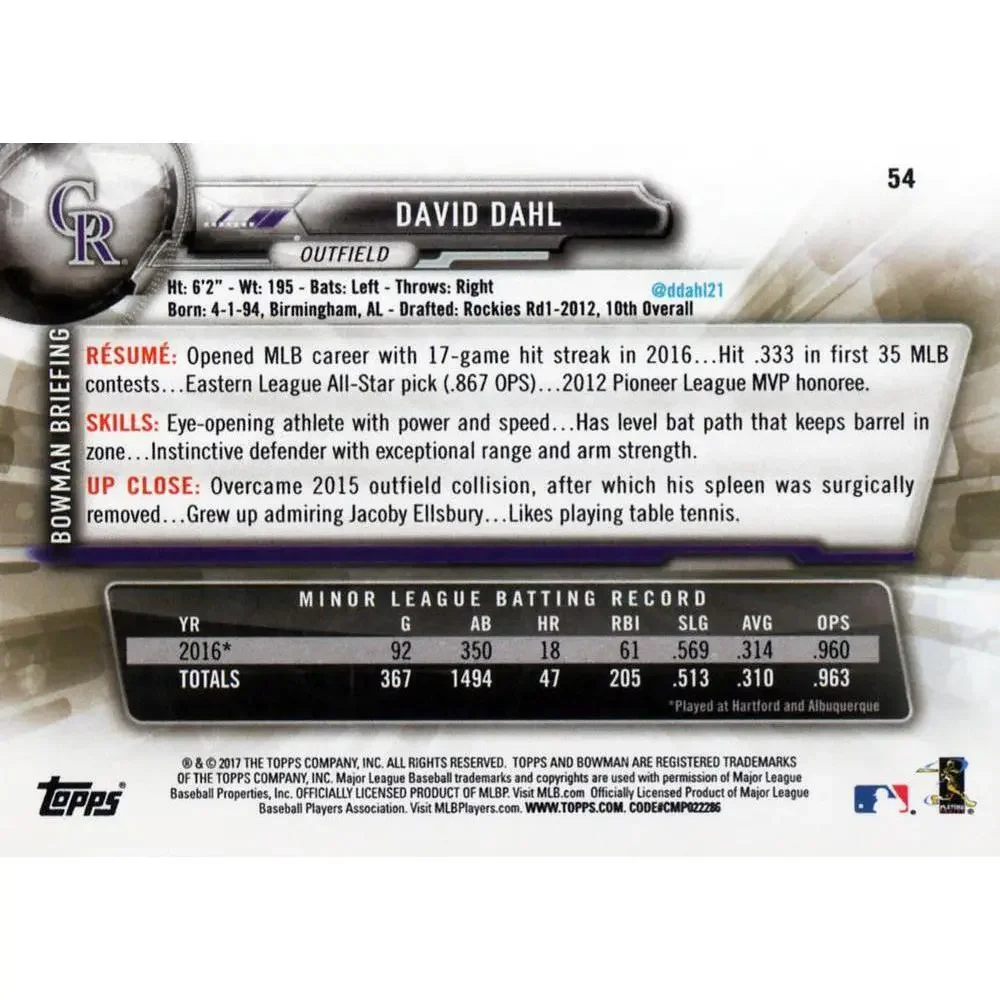 2017 Bowman David DahlÂ  RC # 54 Colorado Rockies